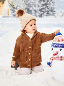 SHEIN Cardigan Bayi Perempuan Kantong Tombol Depan Plain - Mocha Brown - View 3