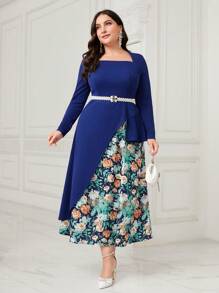 Modelyn Plus Floral Print Square Neck Arabian Dress - Blue - View 6