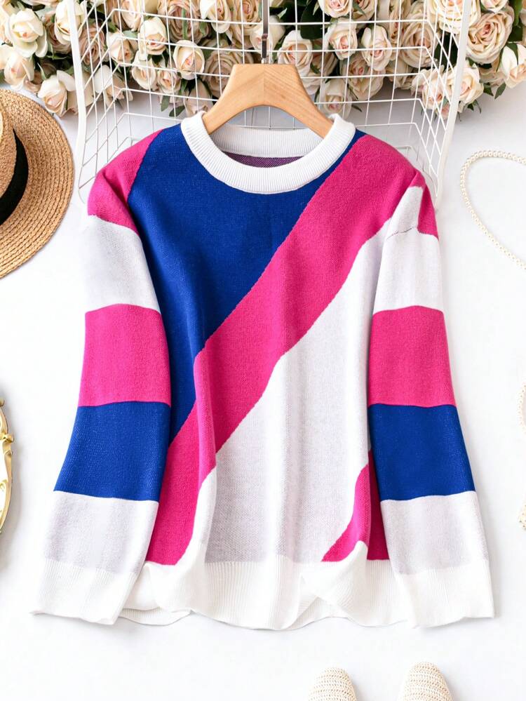 Plus Color Block Drop Shoulder Sweater Knit Pullover Fall Winter Sweater
