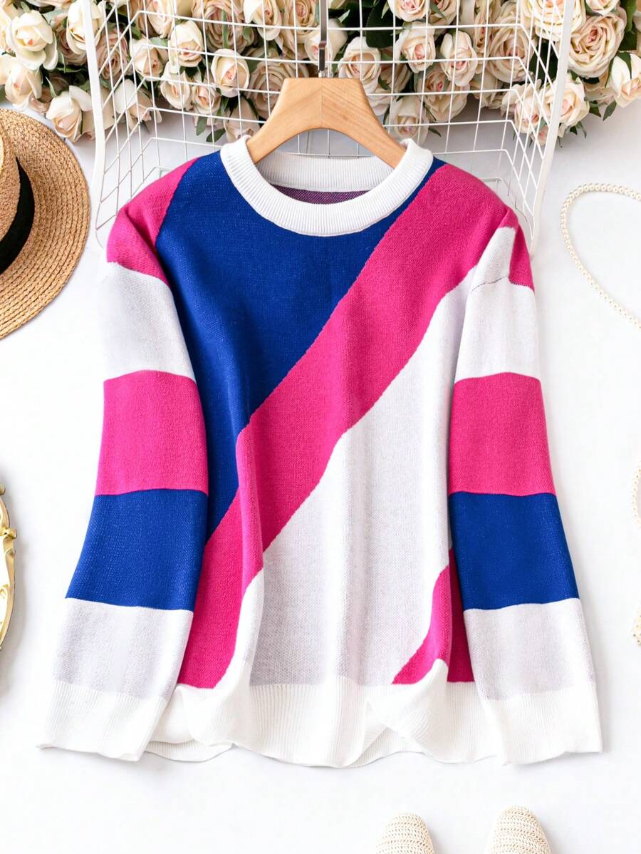 SHEIN LUNE Áo len cổ tròn phối màu dáng rộng, vai rớt, thích hợp cho mùa thu đông. - Nhiều màu - Xem 1