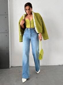 SHEIN Cottnline Wide Leg Jeans With Slant Pockets & Frayed Hem Design - Medium Wash - View 3