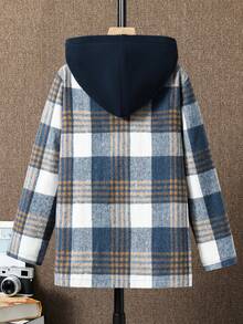 SHEIN Tween Boy Plaid Print Slant Pocket Hooded Coat Without Tee - Blue - View 2