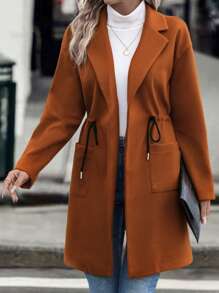 SHEIN LUNE Lapel Neck Drawstring Waist Dual Pocket Drop Shoulder Overcoat - Rust Brown - View 1