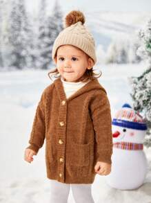 SHEIN Cardigan Bayi Perempuan Kantong Tombol Depan Plain - Mocha Brown - View 4