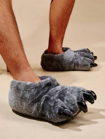 秋冬季男士趣味毛绒保暖爪子平底拖鞋，黑色舒适鞋，趣味拖鞋