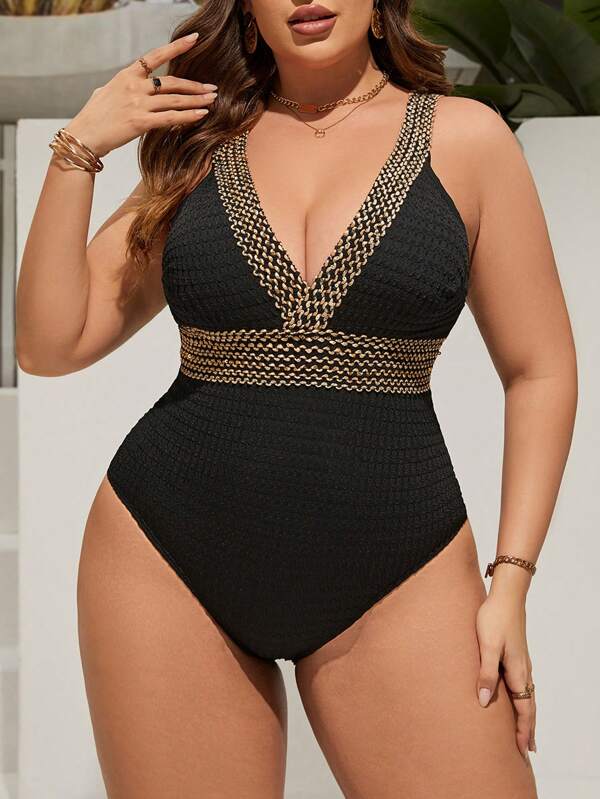 Swim Lushoire Talla grande Bañador una pieza con diseño de puntada panel con cinta de cuello profundo