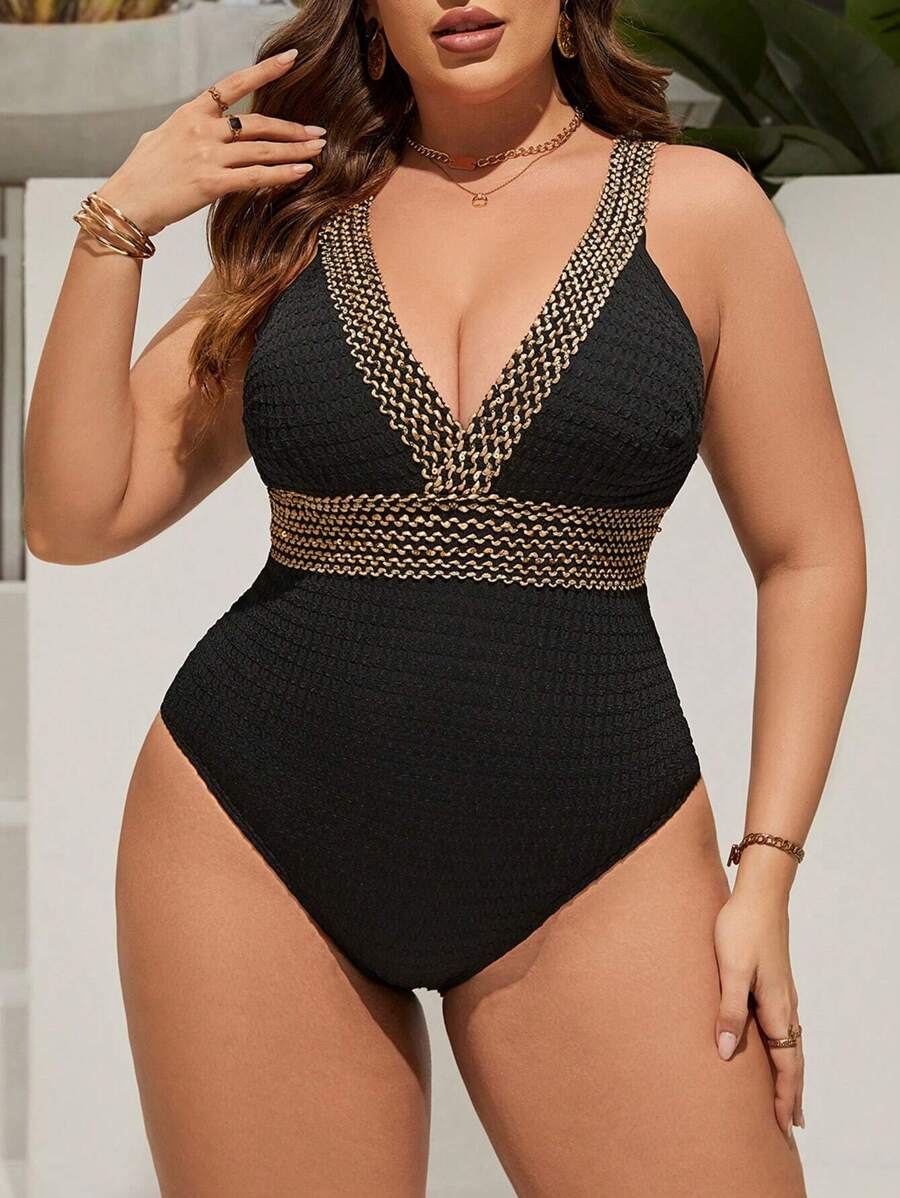 Swim Lushoire Talla grande Bañador una pieza con diseño de puntada panel con cinta de cuello profundo