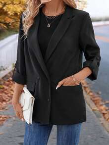 SHEIN LUNE Tay áo cuộn Đôi ngực Áo vest - màu đen - Xem 5