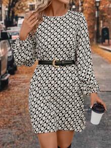 SHEIN LUNE 印花灯笼袖束腰连衣裙，休闲款 - 卡其色 - 查看 2