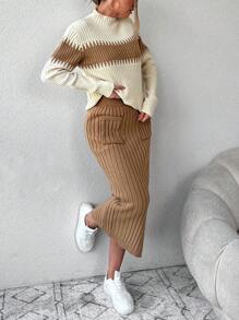 EURMUSE Color Block Mock Neck Sweater & Knit Skirt - Multicolor - View 3