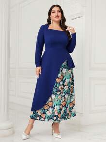 Modelyn Plus Floral Print Square Neck Arabian Dress - Blue - View 4
