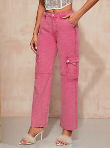 SHEIN BAE Flap Pocket Side Cargo Jeans - Pink - View 5