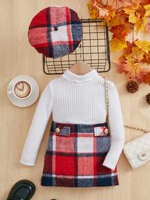 Young Girl Mock Neck Tee & Plaid Print Skirt & Hat - Red - View 5