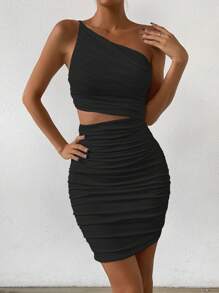 Allurite 單肩鏤空褶邊緊身洋裝 - 黑色 - 查看 8