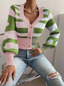 SHEIN LUNE Cárdigan de color combinado de manga farol