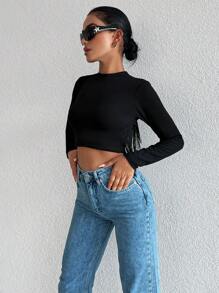 EURMUSE Fringe Trim Cut Out Back Crop Tee - Black - View 3