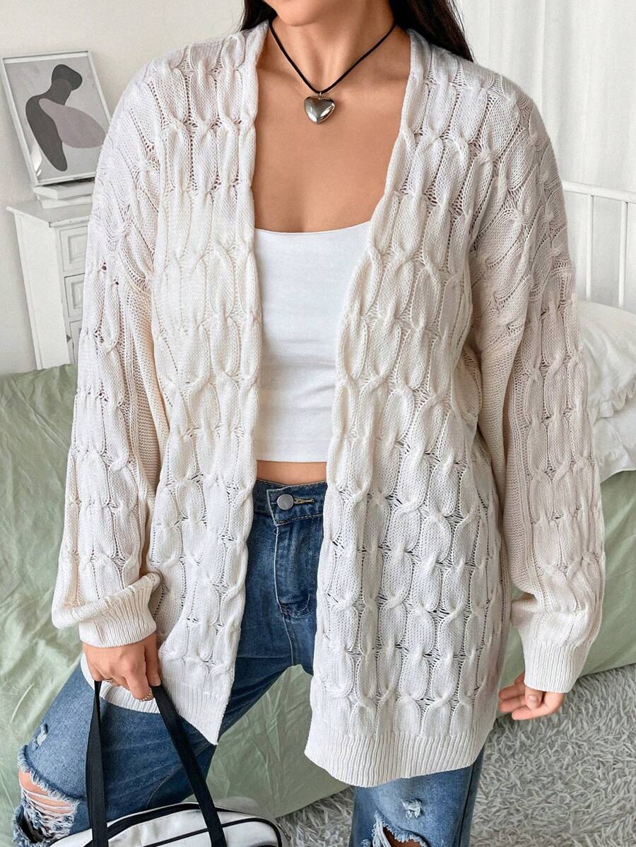 Flirla 大码镂空针织落肩开衫 - 杏色 - 查看 1