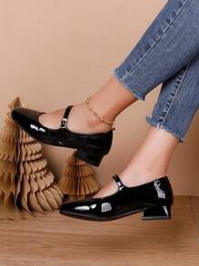 Women's Fashion Chunky Heel Patent Leather Pumps, Comfortable Mary Jane Flats, Ladies Black High Heels, Spring Autumn
