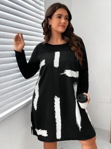 SHEIN LUNE 大尺碼女款印花拼布連身裙 - 黑色 - 查看 1