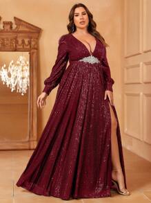 Rhinestone Decor Plunging Neck Floor Length Sequin Dress水鑽裝飾深v領及地長亮片禮服 - 酒紅色 - 查看 6