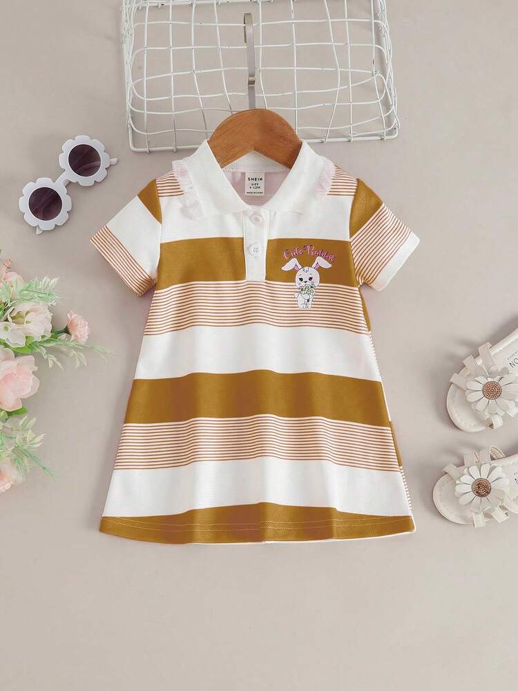 Baby Girl Cartoon Graphic Colorblock Polo Neck Tee Dress
