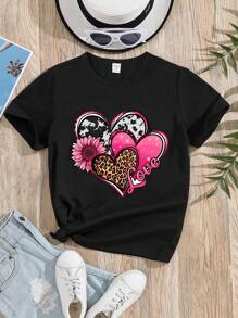 SHEIN Chica preadolescente Camiseta con corazón & con estampado de leopardo - Negro - Ver 1