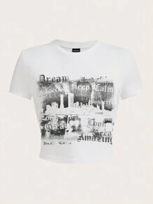 SHEIN EZwear Building Print Crop Tee - White - View 1