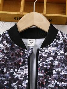SHEIN Young Girl 1pc Contrast Sequin Zip Up Bomber Jacket - Black - View 4