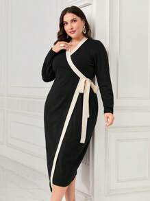 Modelyn 大碼拼接邊側打結毛衣洋裝 - 彩色 - 查看 1
