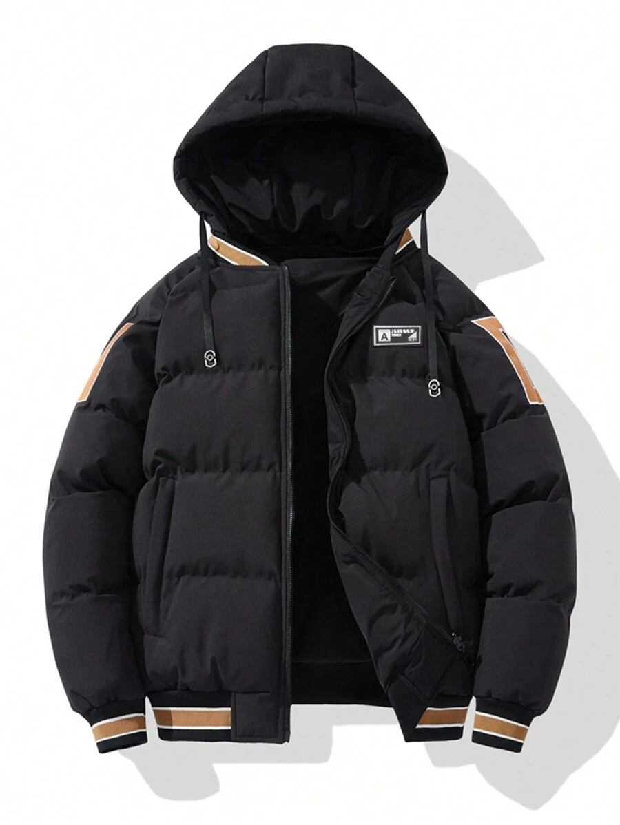 Manfinity Hypemode Áo khoác nam có mũ trùm đầu, kẻ sọc, vá chữ, có dây rút - màu đen - Xem 1