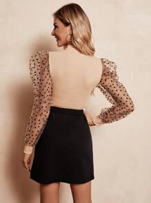 SHEIN Clasi Heart Flocked Mesh Puff Sleeve Top & Button Detail Wrap Asymmetrical Skirt - Multicolor - View 3