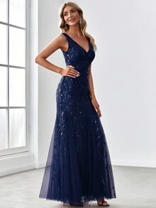 Fall Elegant Floral Sequin Dress Mermaid Tail Navy Blue Evening Gown Dinner Party Dress Wedding Guest Dress Formal Dress