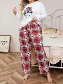 Plus Hình Áo thun họa tiết & Quần in kẻ sọc PJ Set / Bộ Pajama - Đỏ và trắng - Xem 4