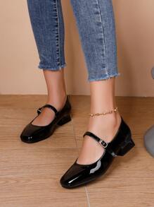 Women's Fashion Chunky Heel Patent Leather Pumps, Comfortable Mary Jane Flats, Ladies Black High Heels, Spring Autumn