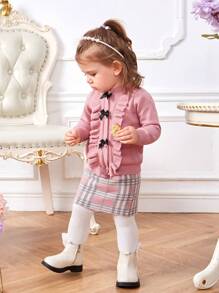 SHEIN 女嬰荷葉邊前蝴蝶結套頭毛衣和格紋圖案針織短裙 - 彩色 - 查看 3