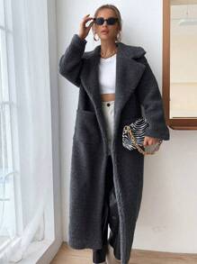 Chiquease Lapel Neck Dual Pocket Teddy Coat - Dark Grey - View 1