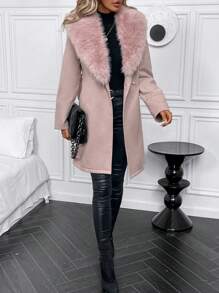 SHEIN Clasi Fuzzy Collar Belted Overcoat - Khaki - View 4