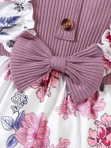 SHEIN 女嬰印花荷葉邊前蝴蝶結連身褲＆ 頭巾