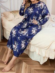 Große Größen Allover Blume Muster Nachthemd, langes Kleid, Moo Moo, für Herbst & Winter, gemütlicher Outfit - Blau - Übersicht 4