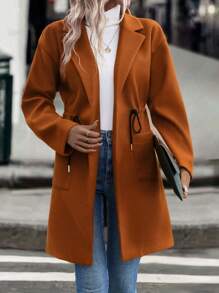 SHEIN LUNE Lapel Neck Drawstring Waist Dual Pocket Drop Shoulder Overcoat - Rust Brown - View 4