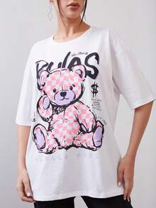 SHEIN 熊和標語圖案落肩T恤 - 白色 - 查看 3