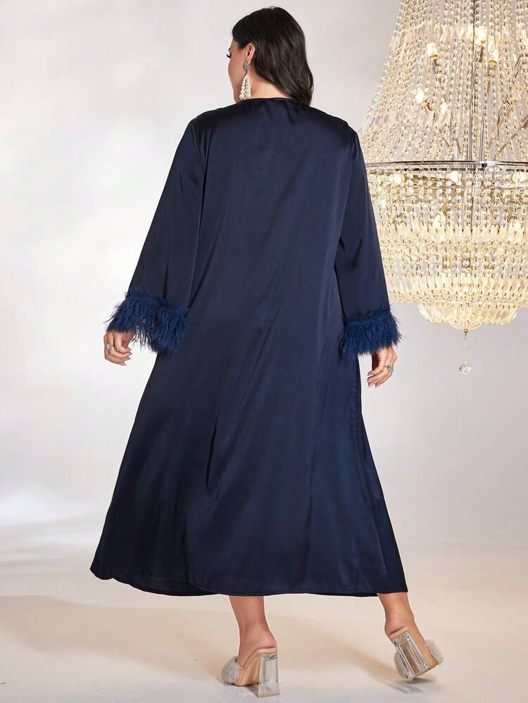 Plus Fuzzy Trim Contrast Tape Dress Kaftan Jalabiya Dress