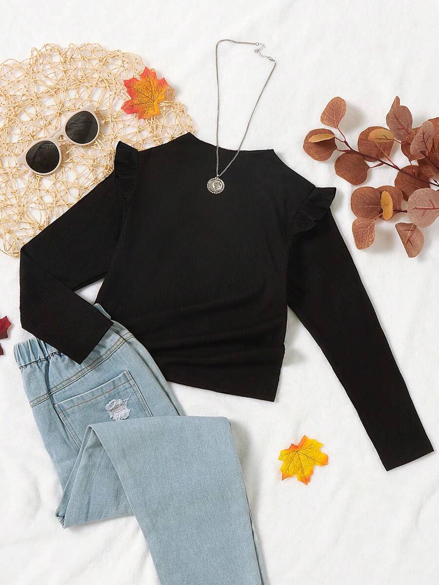 SHEIN Niñas Camiseta ribete en forma de lechuga tejido de canalé - Negro - Ver 1