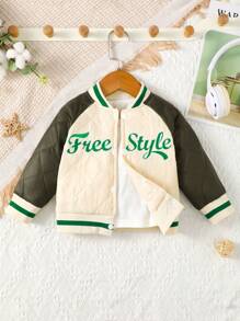 男嬰字母圖案插肩袖撞色飛行員夾克不帶T恤 - 杏色 - 查看 1