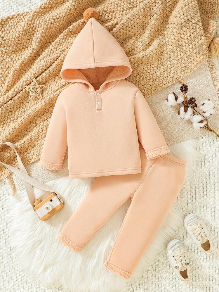 Baby Boy Solid Pompom Hooded PJ Set