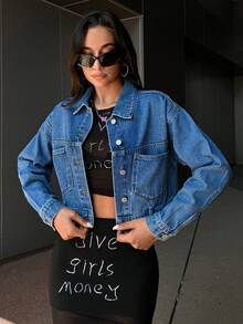 Cottnline Drop Shoulder Dual Pocket Crop Denim Jacket - Blue - View 5