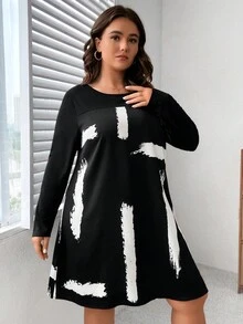 SHEIN LUNE 大尺碼女款印花拼布連身裙 - 黑色 - 查看 5