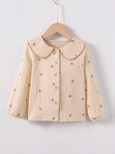 SHEIN Genkimix Kids Young Girl Floral Embroidery Peter Pan Collar Lantern Sleeve Blouse