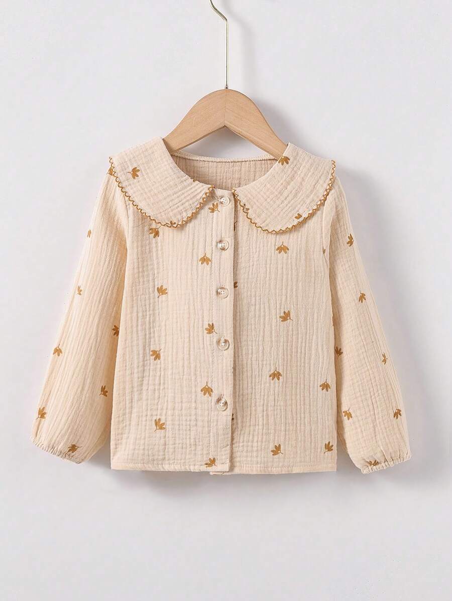 SHEIN Genkimix Kids Young Girl Floral Embroidery Peter Pan Collar Lantern Sleeve Blouse - Apricot - View 1