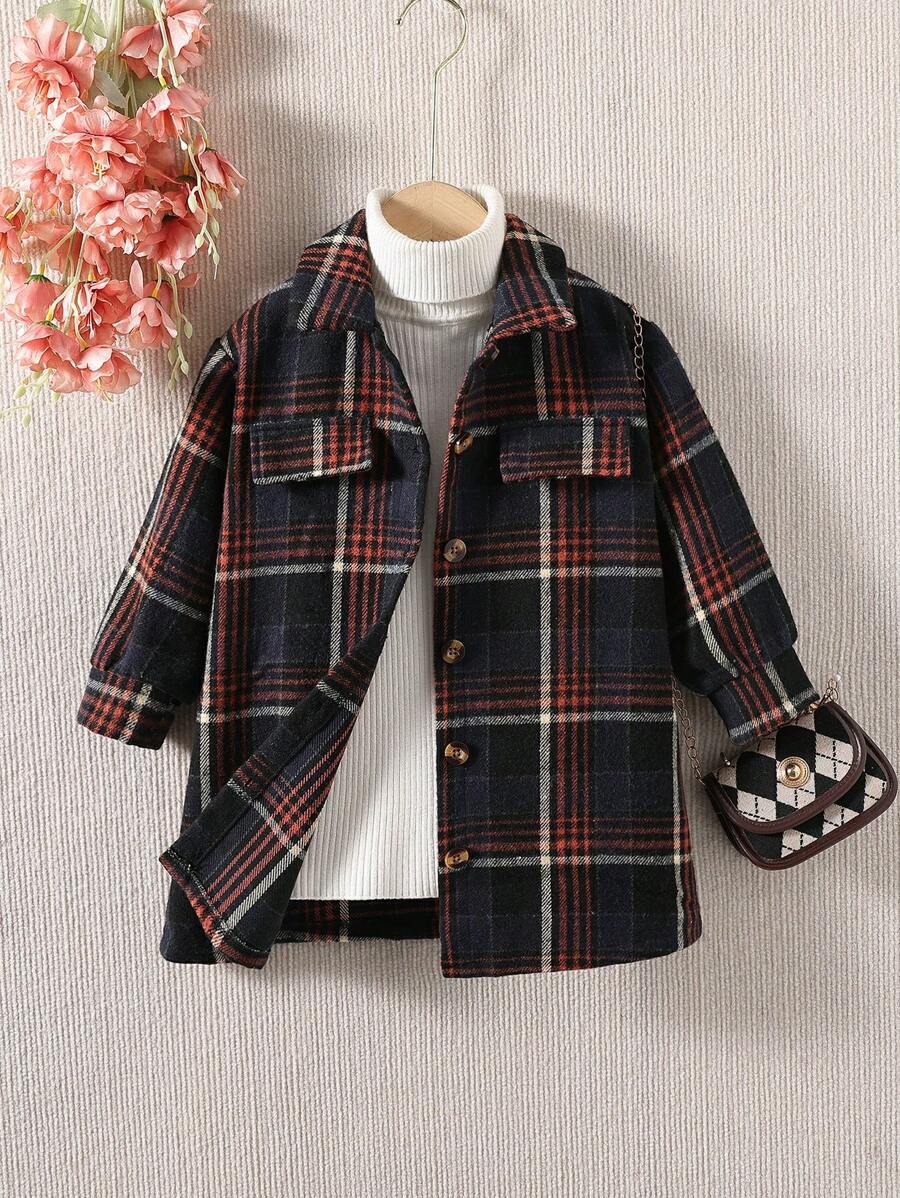 SHEIN Young Girl Plaid Print Flap Detail Overcoat Without Sweater - Navy Blue - View 1